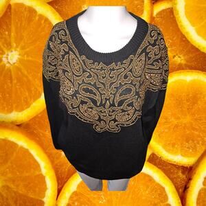 Victoria Harbour Black with Gold Beaded‎ Trim Crew Neck Sweater Size Medium
